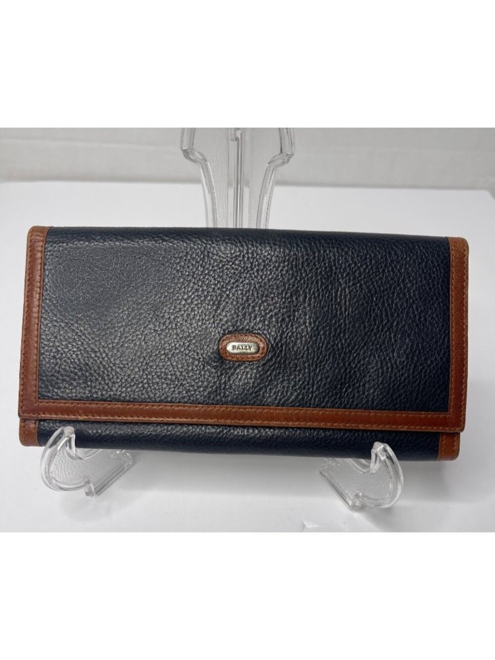 Bally Black & Brown Women's Leather Wallet Tri-Fold Snap Closure Pebbled 7.5X4